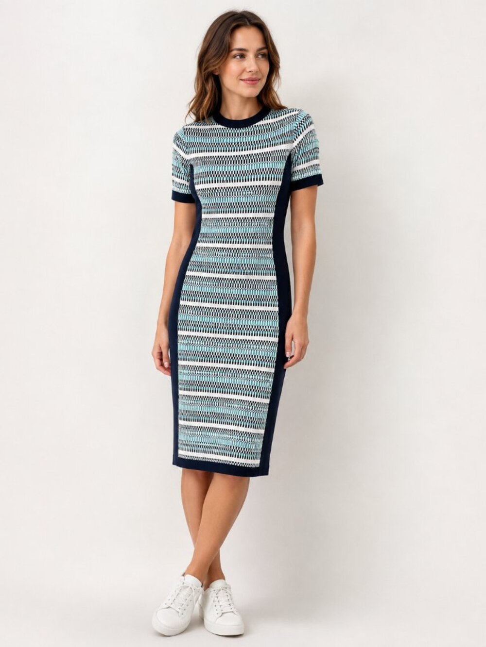 Karen Millen Crewneck Panel Dress in Black Multi, Size L